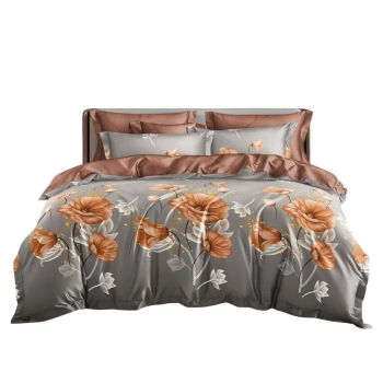 Pościel 160x200 bawełna szara w brązowe kwiaty PK777 z PRZEŚCIERADŁEM